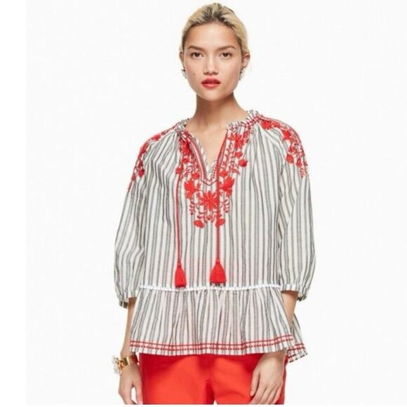 Kate Spade Broome Street Boho Blouse Red Embroidered Peasant M Cotton Festival - Picture 3 of 12